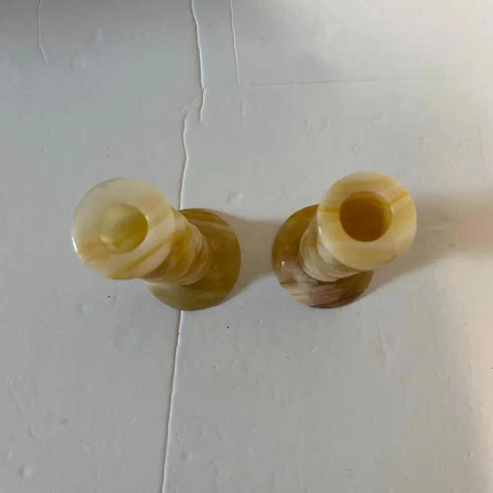 Vintage Banded Onyx Marble Candlestick Holders Set of 2 - 6” Tall